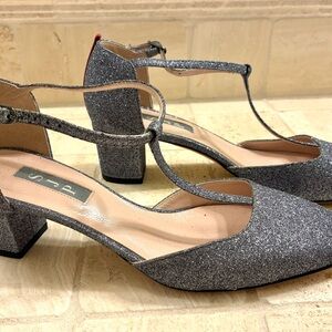 SJP by Sarah Jessica Parker Silver Glitter T-Strap Low Block Heels